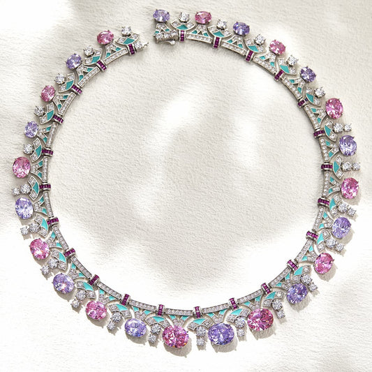Royal blossom symphony necklace full product display showing pink and purple stone with Tiffany Blue enamel