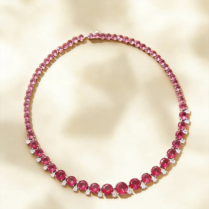18K gold finish collar necklace with rhythmic round graduated gemstones Deep Ruby