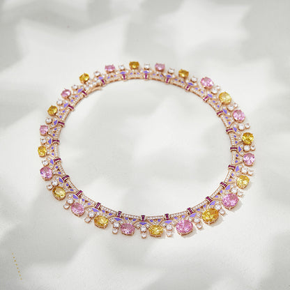 Royal blossom symphony necklace full product display showing pink and yellow stone with Lavender Shade enamel