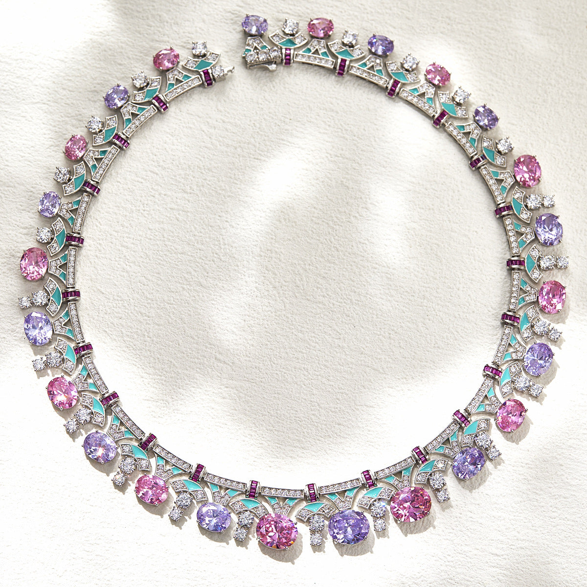 Royal Blossom Symphony Necklace — Pastel Oval Gemstones & Hand-Painted Enamel in 18K Gold Plating