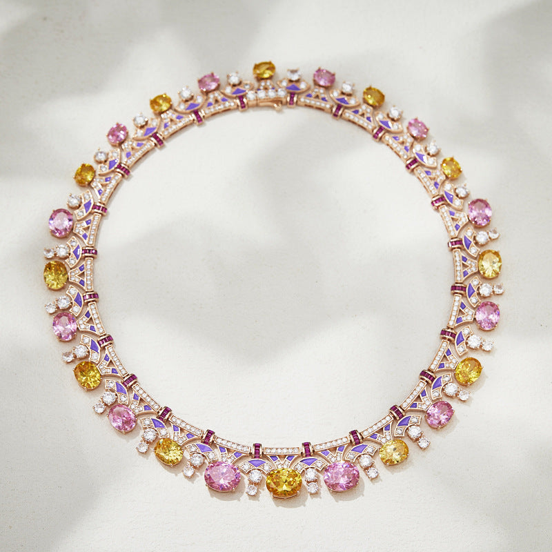 Royal blossom symphony necklace with hand-painted enamel and lab-crafted gemstones in 18K gold