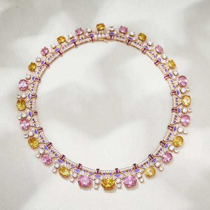 Royal blossom symphony necklace with hand-painted enamel and lab-crafted gemstones in 18K gold